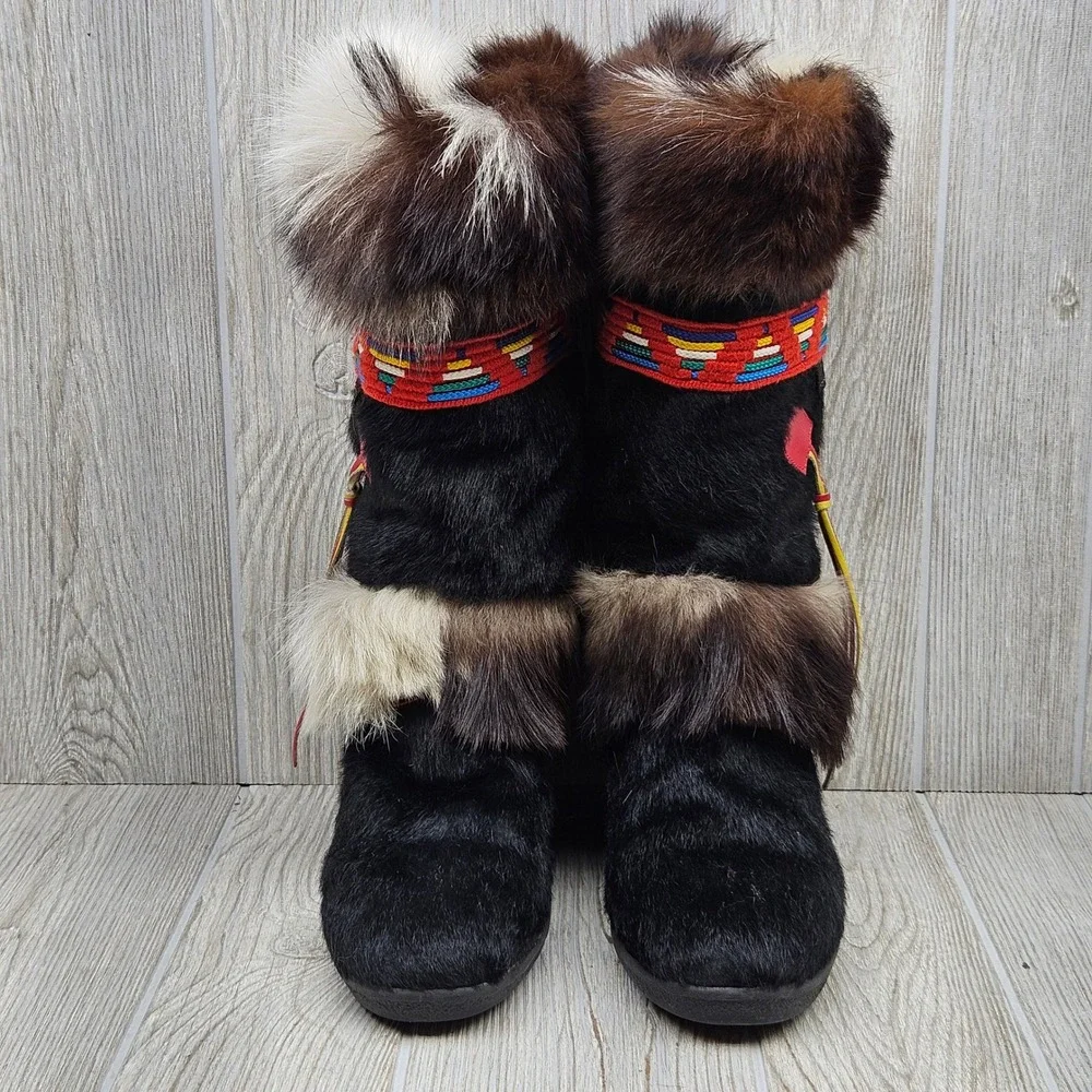 Tecnica‎ Vintage Goat Fur Apres Ski Boots Made in Italy Black Brown EU 39 US 8.5